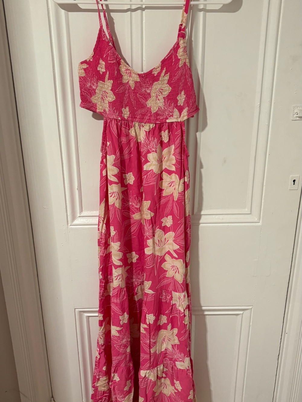 Roxy Pink Floral Cut-Out Maxi Dress with Cream Bloom Print